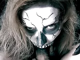 Skeleton girl deep throats cock. Horror halloween