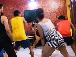 Desi girls share morning yoga receive and pummel each other with deep throat and deep dicking