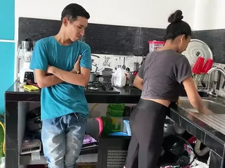 Stepbrother's tight pussy drips with jizz upon get under one's kitchen - My Stepbrother's 18-year-old sister gets a creampie from