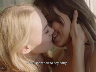 Two naked girls making out passionately upstairs the bed